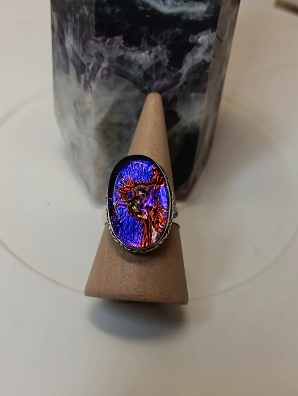 Dichroic Glass Oval Statement Ring in Vivid Purple & Orange